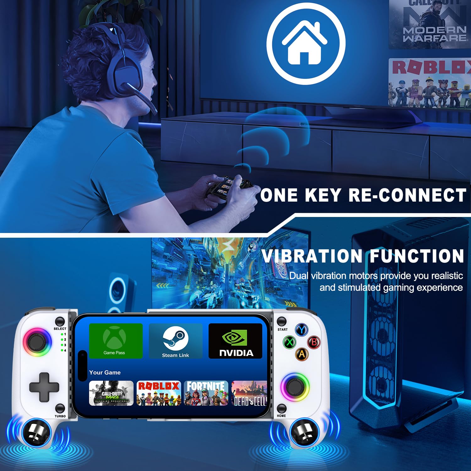 Mocagen MC1 Phone Controller for iPhone/Android Support Phone Case, Hall Effect Joysticks, Wireless Mobile Gaming Controller with 8-Color RGB Lighting, Turbo, Triggers, KeyLinker App