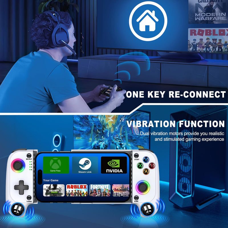 Mocagen MC1 Phone Controller for iPhone/Android Support Phone Case, Hall Effect Joysticks, Wireless Mobile Gaming Controller with 8-Color RGB Lighting, Turbo, Triggers, KeyLinker App