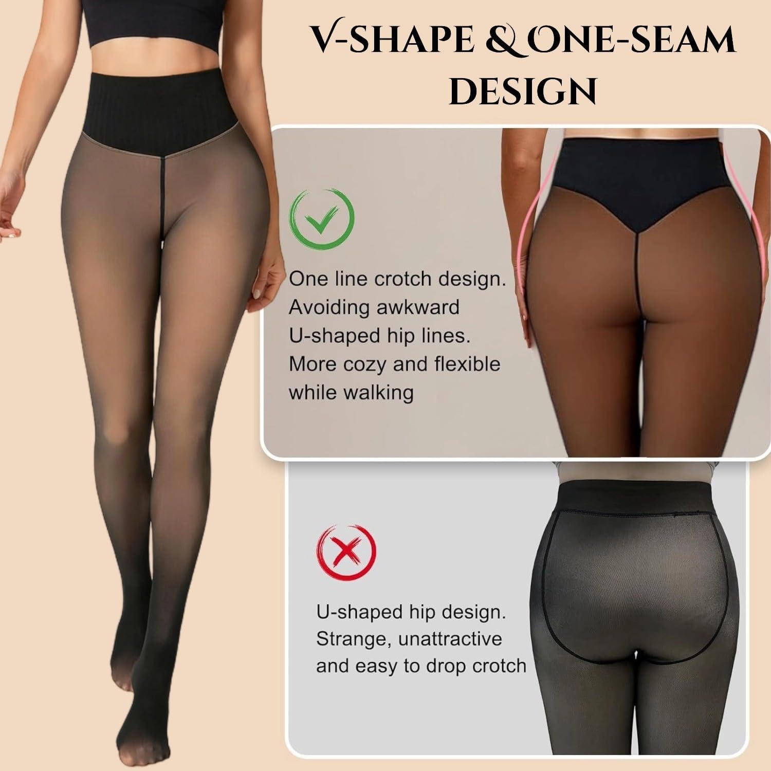 Women's Fake Sheer Thermal Tights - One-Seam Fleece Lined Leggings with Tummy Control & Butt Lifting
