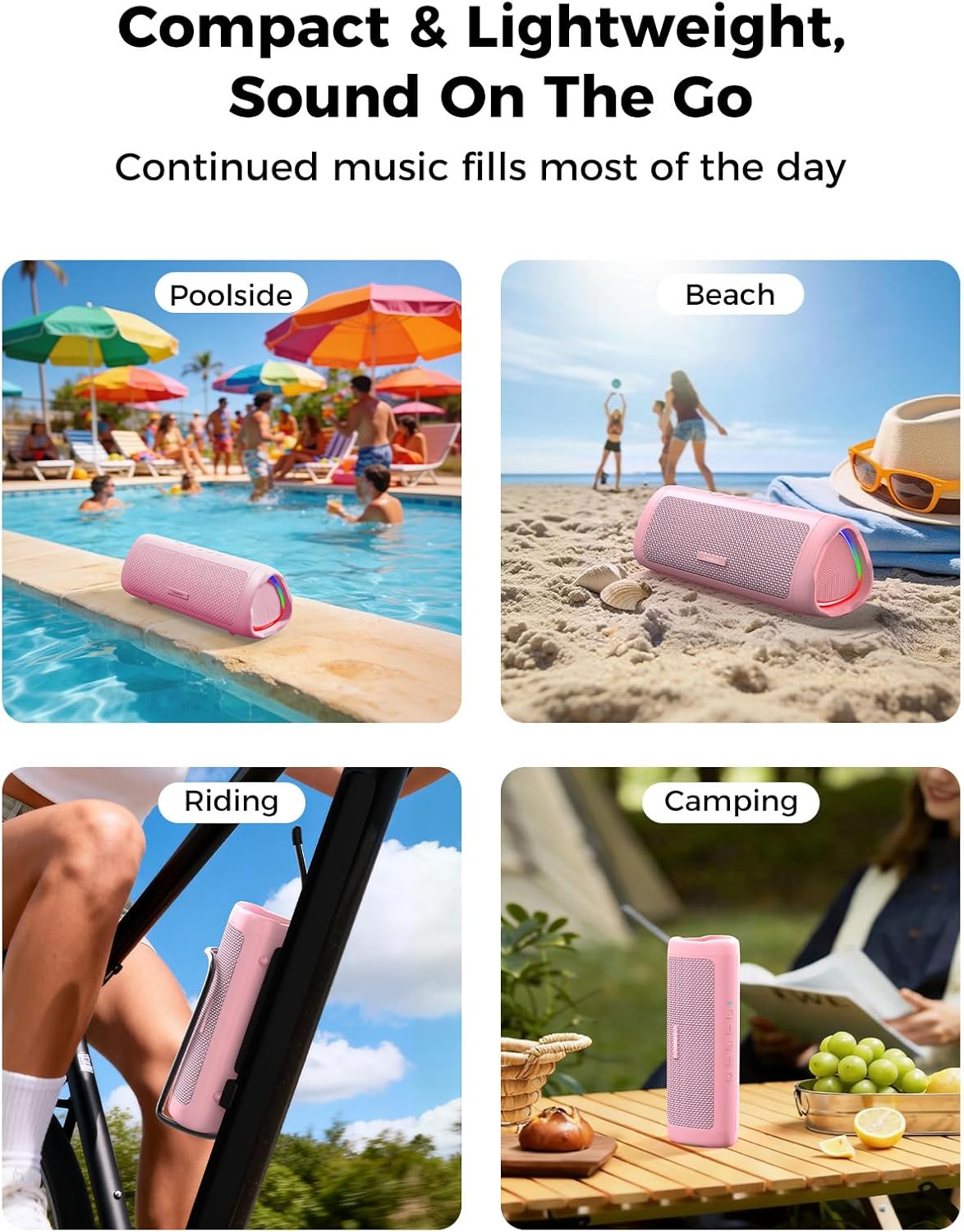 Bluetooth Speaker with HD Sound, Portable Wireless, IPX5 Waterproof, Up to 20H Playtime, TWS Pairing, BT5.3, for Home/Party/Outdoor/Beach, Electronic Gadgets, Birthday Gift (Pink)