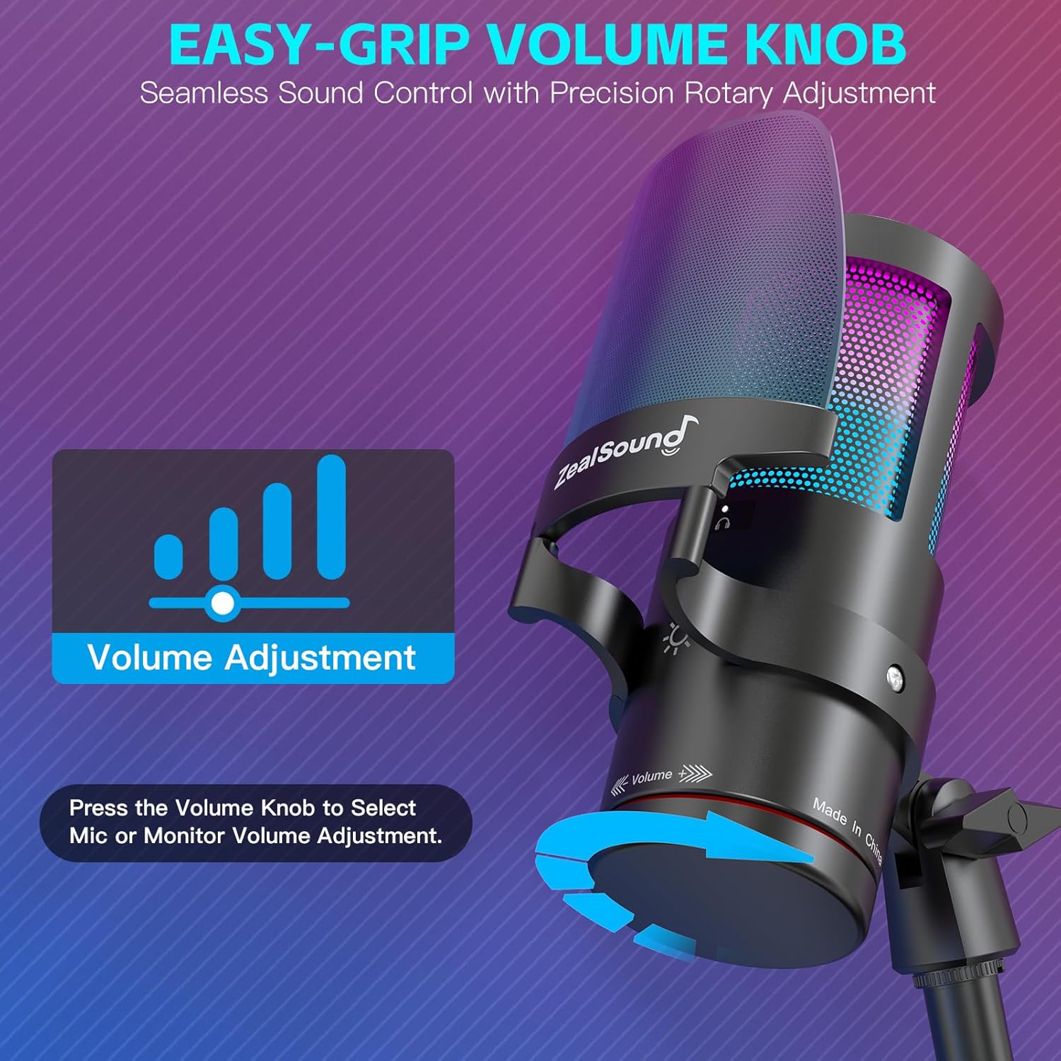 ZealSound Gaming USB Microphone, Noise Cancellation Condenser mic with RGB Light, Touch Mute, Gain, Monitoring for Streaming, Podcast, Twitch, YouTube, Discord, iPhone, iPad, Computer, PS4, PS5, Mac