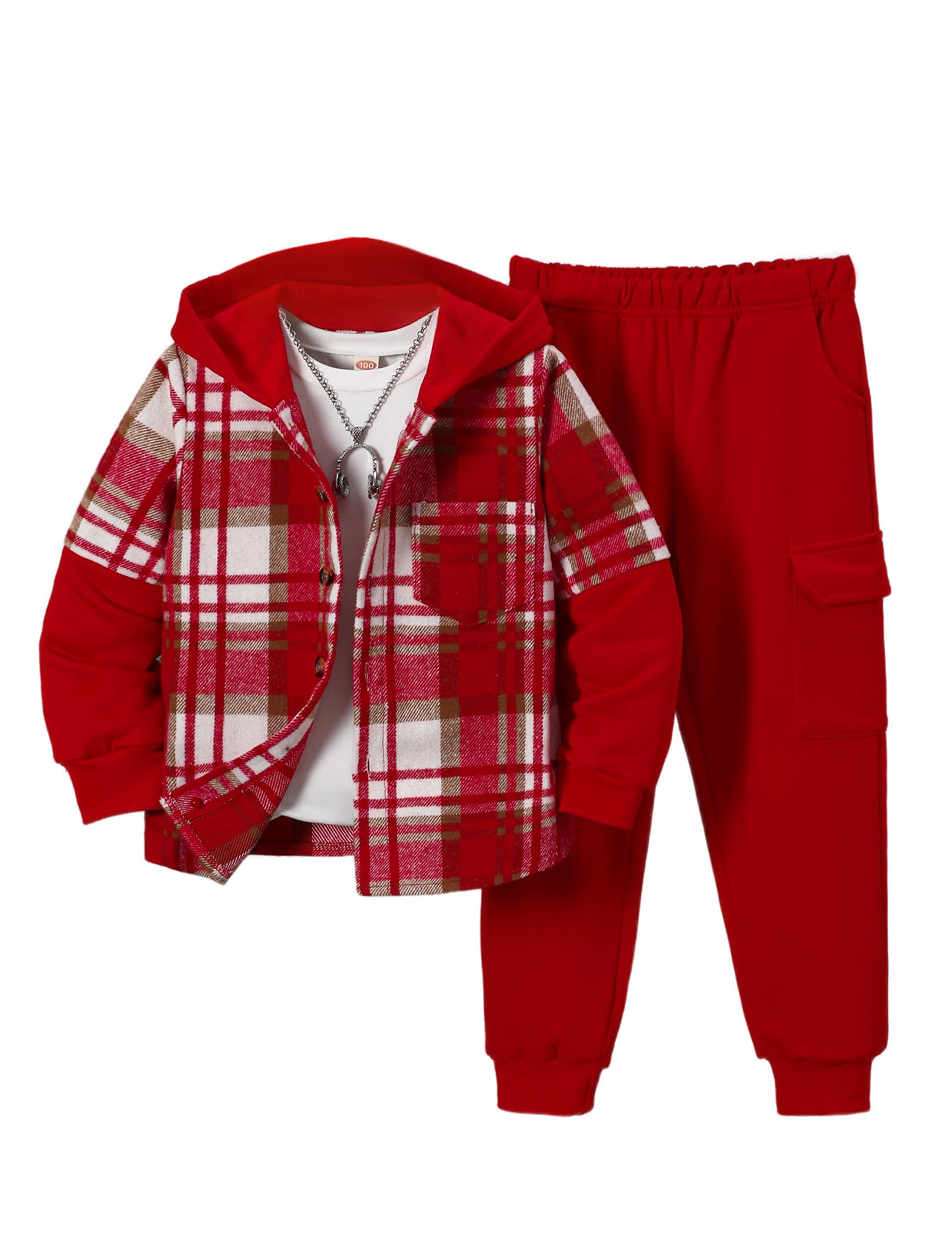 Fdqin 2Pcs Kids Boys Flannel Plaid Shirt Tops Pants Set Hoodie Sweatsuit for Fall Winter Spring Outfits 4-12 Years