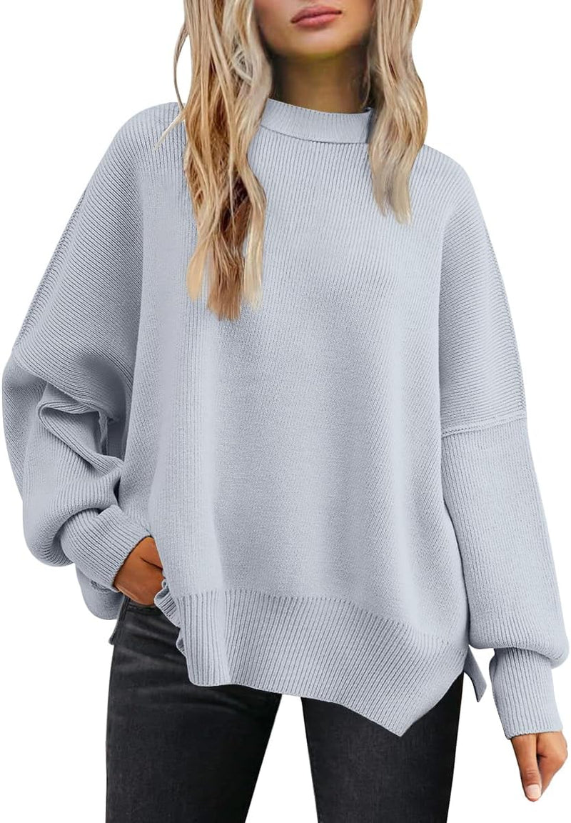 LILLUSORY Women's Oversized Batwing Sweaters 2025 Fall Outfits Trendy Crewneck Knit Side Slit Fashion Pullover Tops-19