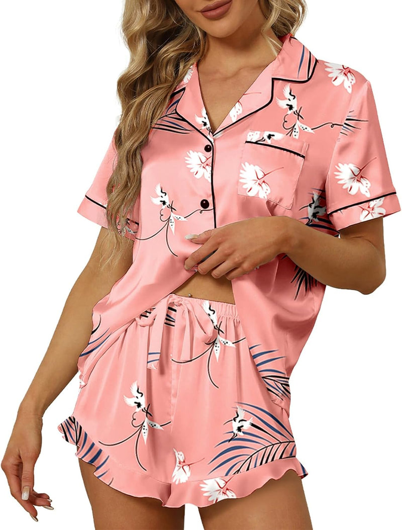 SAPJON Satin Silk Pajamas for Women 2Pcs Ruffle Notch Collar Sleepwear Button Down Short Sleeve Shorts Pjs Set Loungewear-24