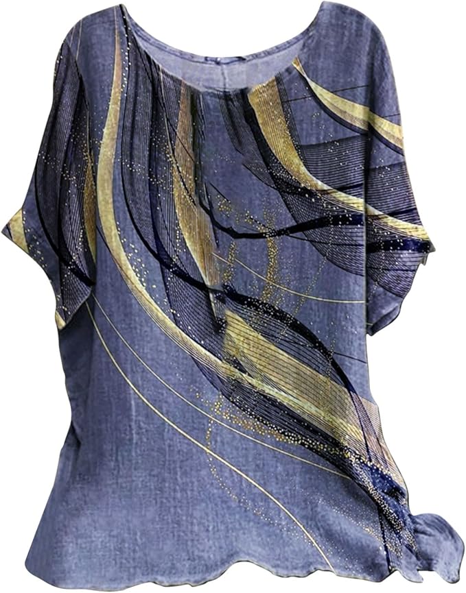 Ladies Casual Loose Geometric Print Round Neck Top, Blue, 3XL