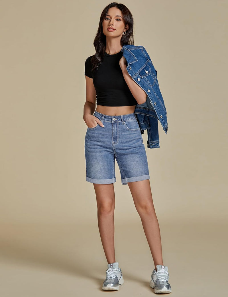 luvamia Jean Shorts for Women High Waisted Trendy Causal Summer Fold Hem Stretchy Long Denim Shorts 7 Inch Inseam