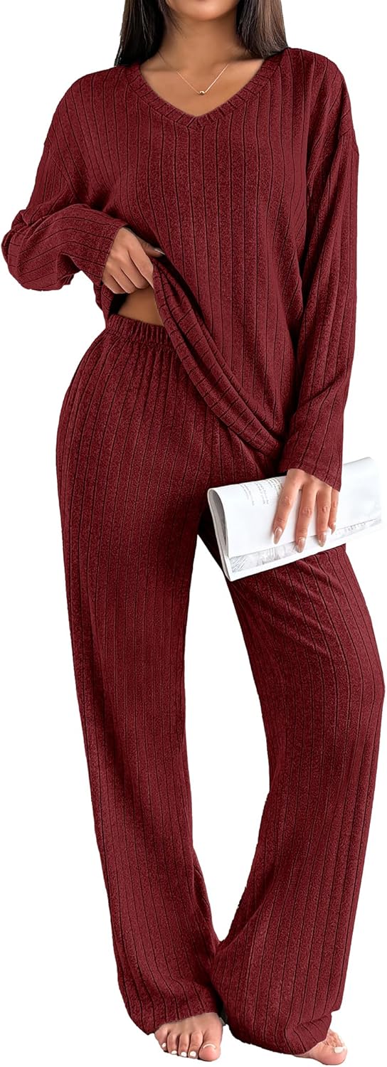 Ekouaer Lounge Sets for Women Long Sleeve Knit Ribbed Pajama Sets 2 Piece Casual Loungewear with Pockets-3