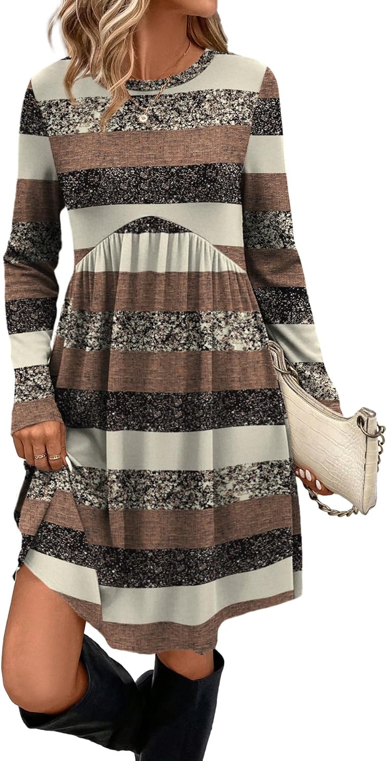 OFEEFAN Long Sleeve Dress for Women Crew Neck Empire Waist Tunic Dress with Pockets-68