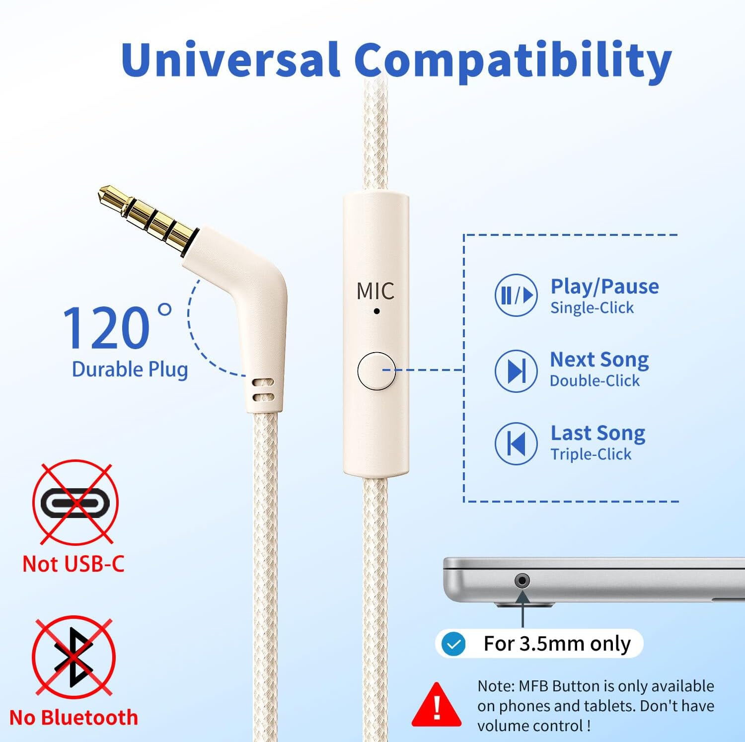 Headphones Wired with Microphone, Over Ear Foldable 3.5mm Plug in Headphones Corded with 4.9ft Tangle-Free Nylon Cord for Tablet, Laptop, MP3/4, School, Airplane Travel (Beige)