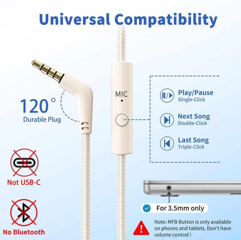 Headphones Wired with Microphone, Over Ear Foldable 3.5mm Plug in Headphones Corded with 4.9ft Tangle-Free Nylon Cord for Tablet, Laptop, MP3/4, School, Airplane Travel (Beige)
