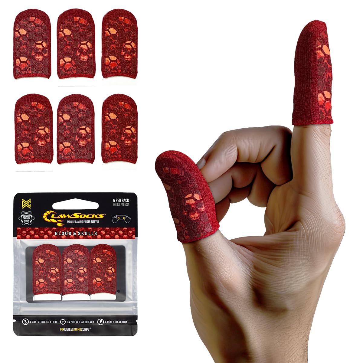 MGC ClawSocks 6 Pack Carbon, Gamer Finger & Thumb Sleeves, Mobile Gaming Stabilizer & Compression Support Black
