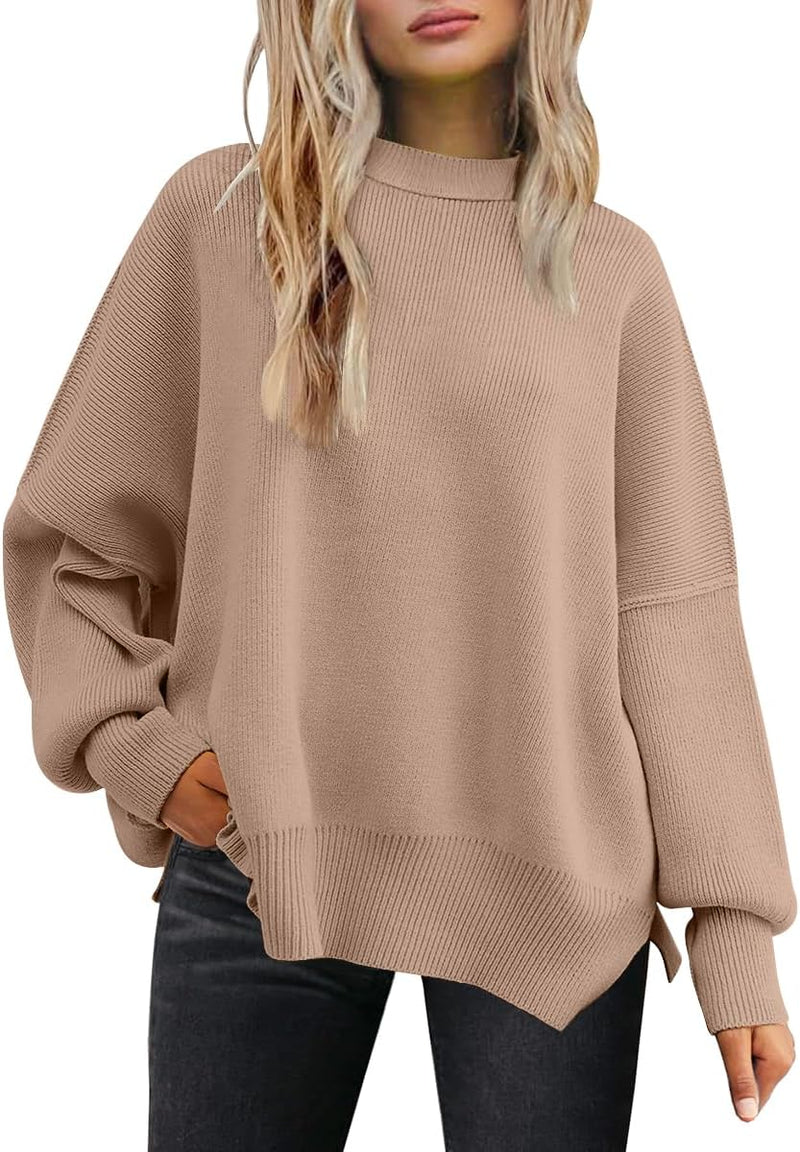 LILLUSORY Women's Oversized Batwing Sweaters 2025 Fall Outfits Trendy Crewneck Knit Side Slit Fashion Pullover Tops-100