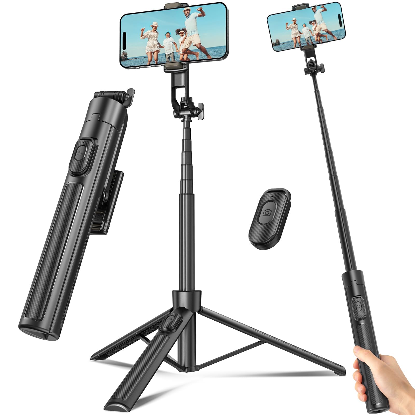 Selfie Stick Travel Tripod for Cell Phone with Remote Control and Phone Holder, Extendable Selfie Stick for iPhone, iPhone Tripod for Video Recording, 72 Inch, Black