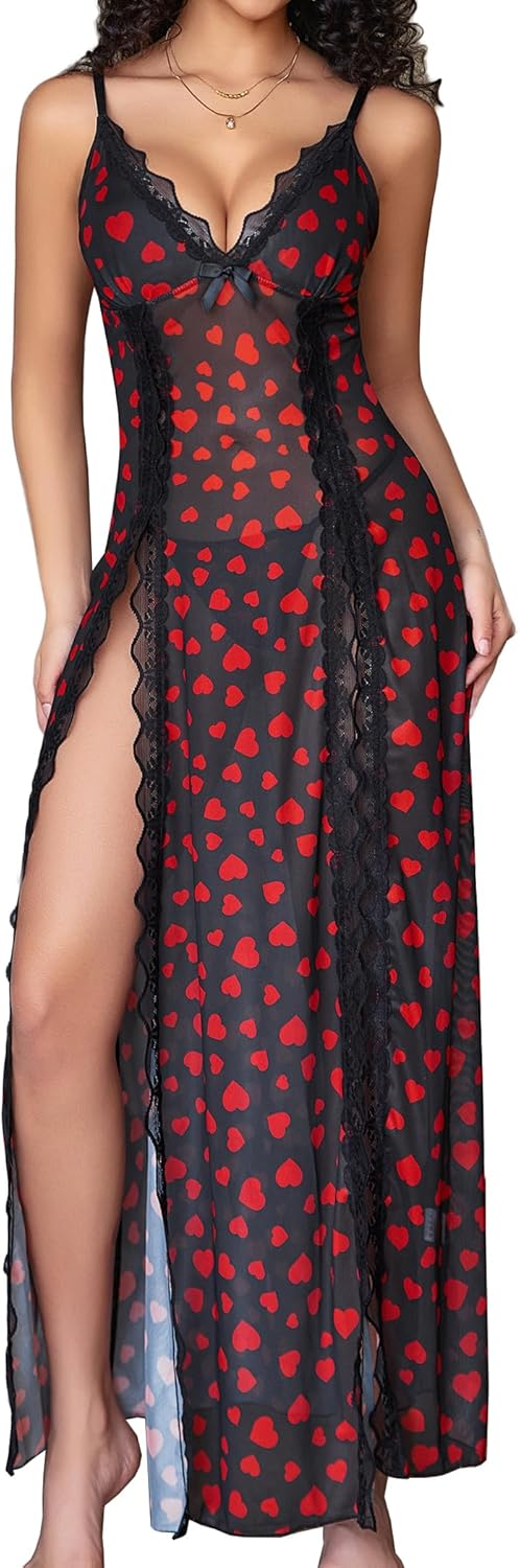 Avidlove Women Lingerie Lace Babydoll Chemise Sexy Mesh Nightdress V Neck Nightwear Side Split Nightgown-24