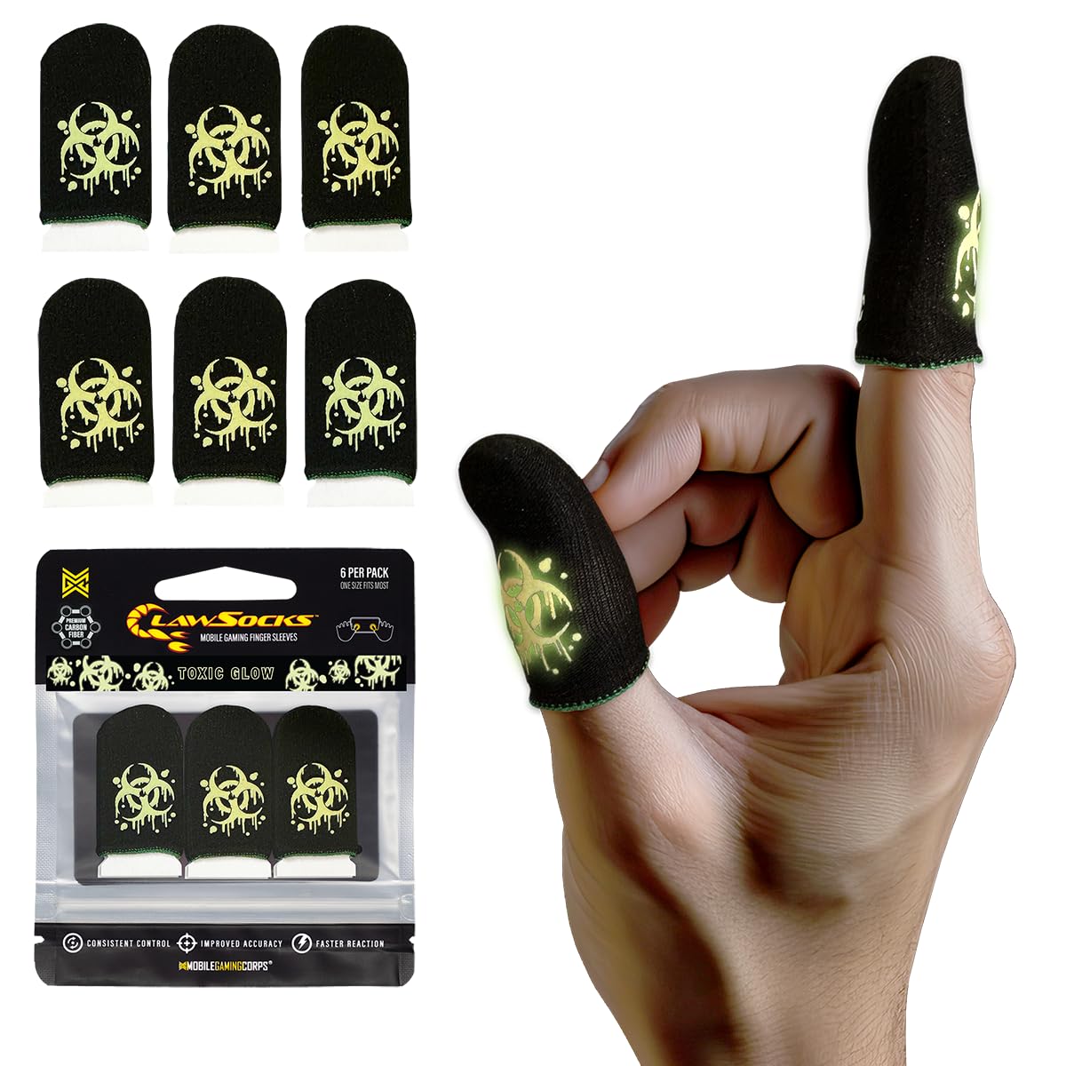 MGC ClawSocks 6 Pack Carbon, Gamer Finger & Thumb Sleeves, Mobile Gaming Stabilizer & Compression Support Black