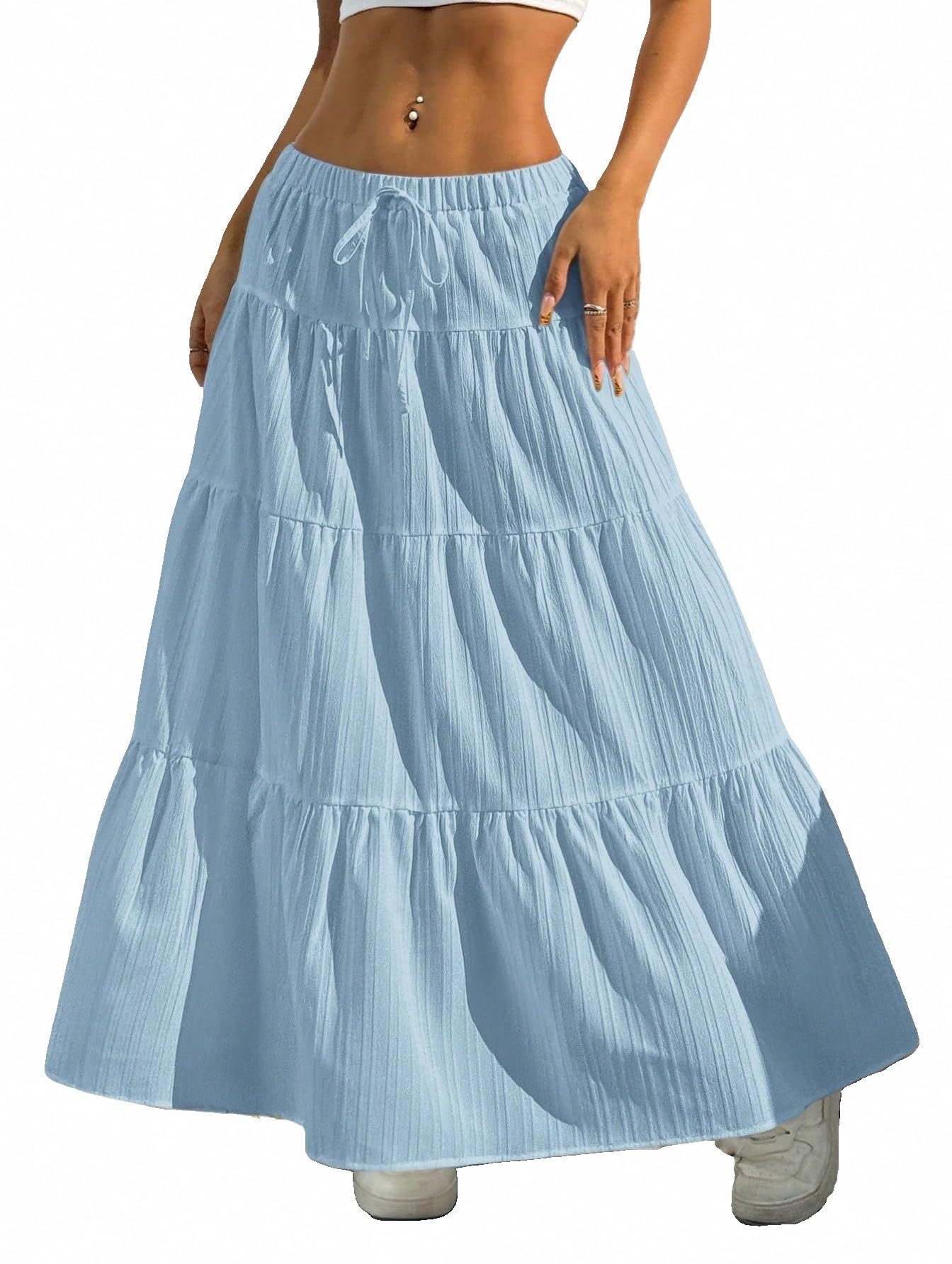 Maxi Skirts for Women Ruffle Hem A Line Long Skirts Elastic Waist Elegant Tiered Layer Boho Long Dress