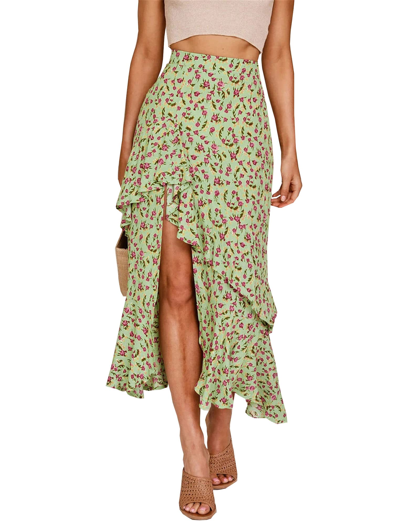 BTFBM Women 2026 Spring Summer Long Skirts Dress Boho Floral Elastic Waist Split Ruffle High Low Beach Maxi Skirt Clothes