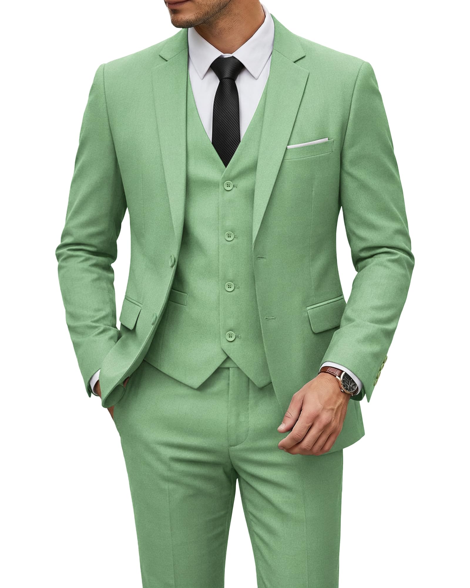 YND Men's 3 Piece Suit Set with Tie, 2 Button Slim Fit Solid Blazer Jacket Vest Pants, Business Wedding Party Suits for Men-85