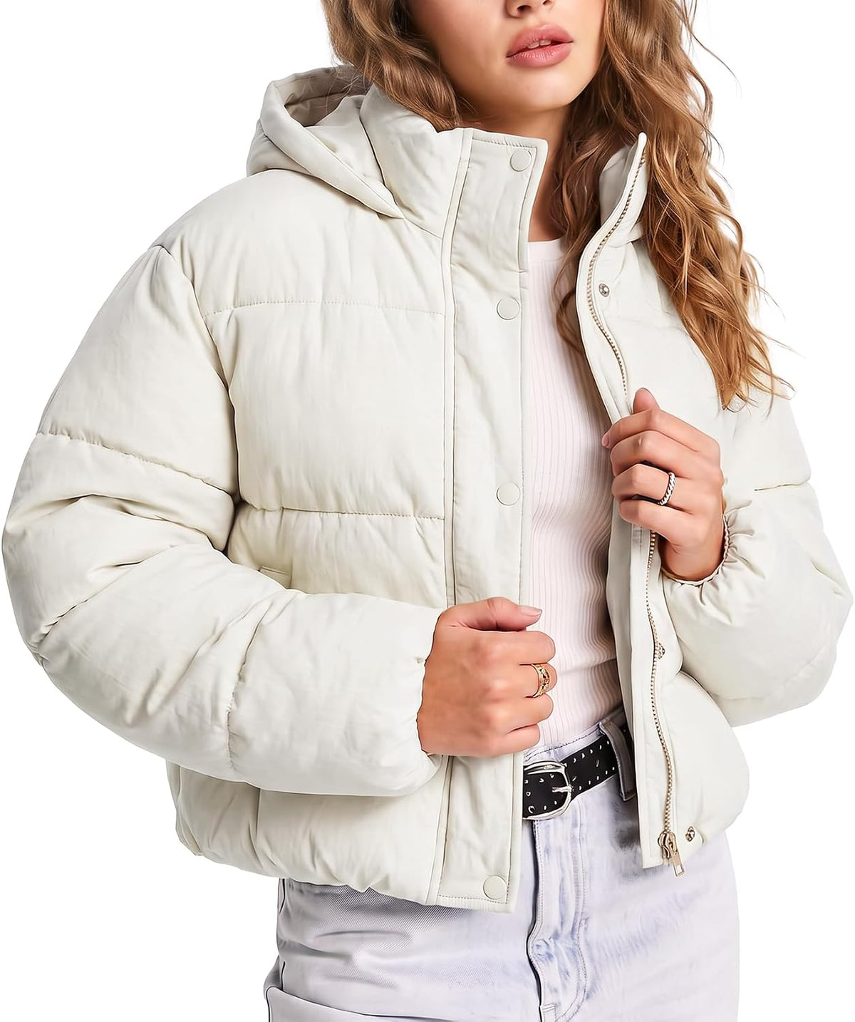 Gihuo Womens Cropped Puffer Jacket Hooded Warm Quilted Jacket