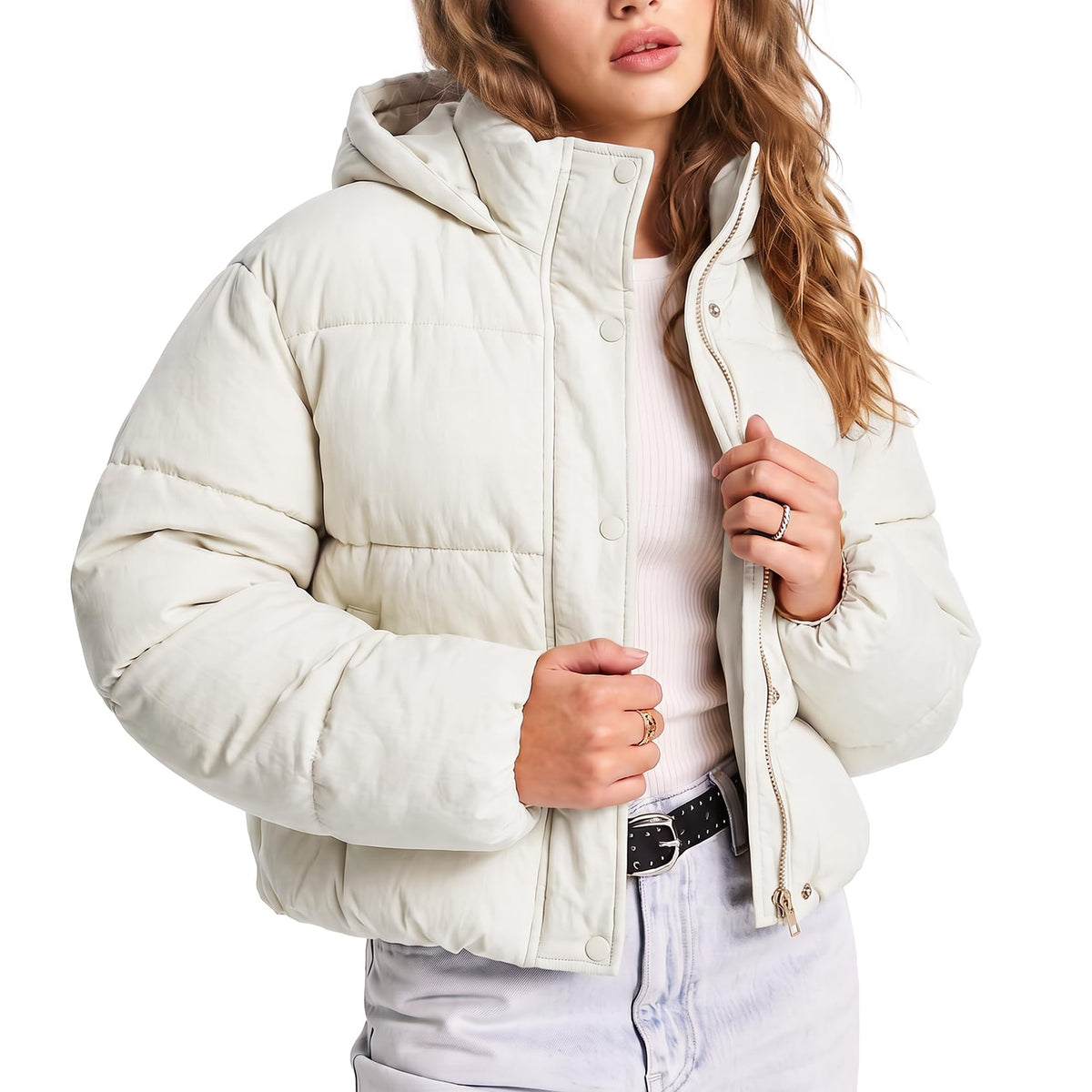 Gihuo Womens Cropped Puffer Jacket Hooded Warm Quilted Jacket