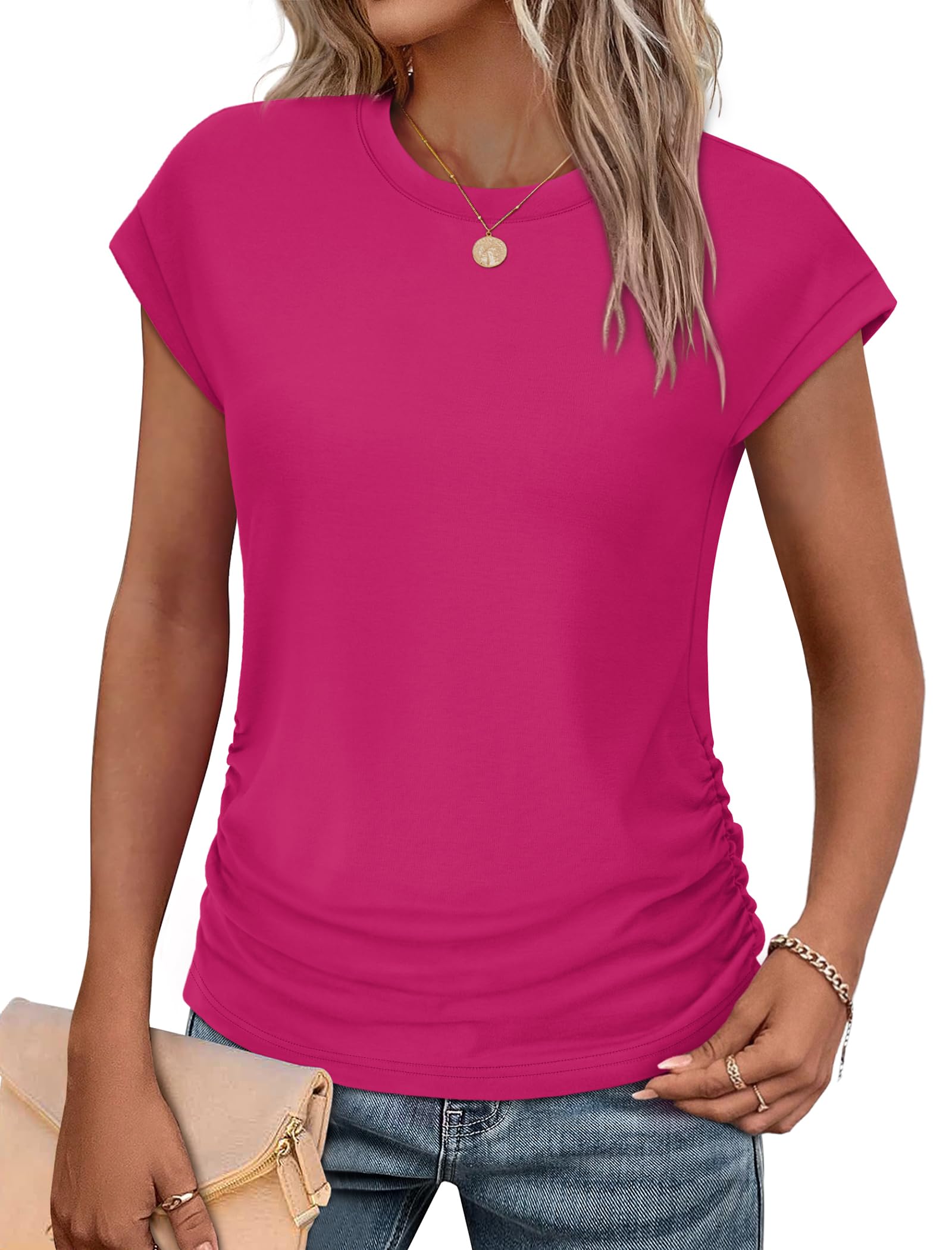 SAMPEEL Womens Summer Tops Trendy 2025 Ruched Cap Short Sleeve Tshirts Shirts Crew Neck T Shirts Fashion-4
