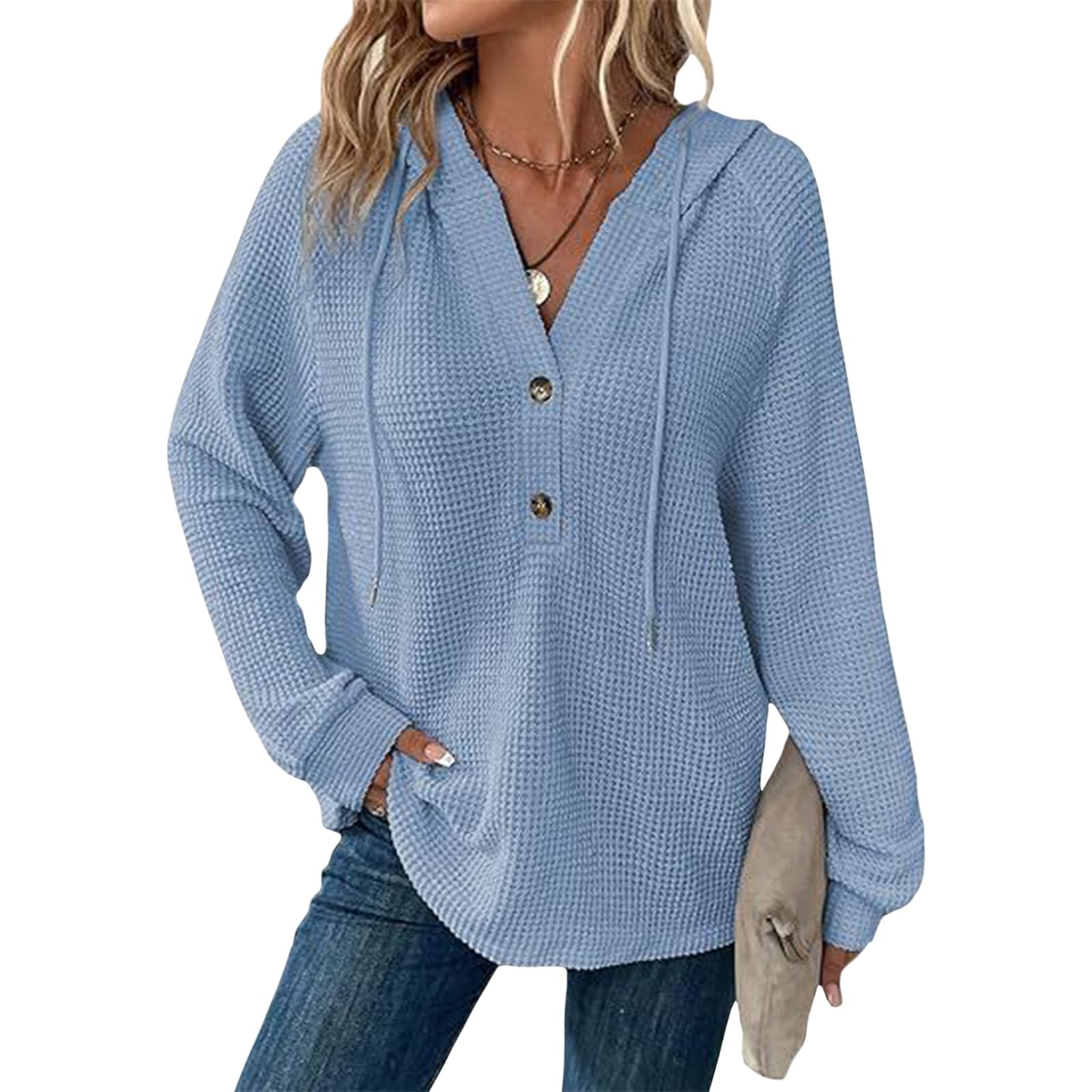 Hoodies for Women Comfortable Waffle Knit Long Sleeve Drawstring Button V Neck Casual Pullover Sweatshirt Hooded Tops-57