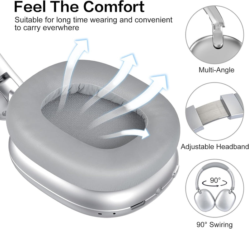 RORSOU C6 Active Noise Cancelling Headphones, Wireless Over Ear Bluetooth Headphones, 60H Playtime, Lightweight Folding Deep Bass Comfort Fit Ear Cups Headset with Mic for iPad/Travel/PC/Home Silver