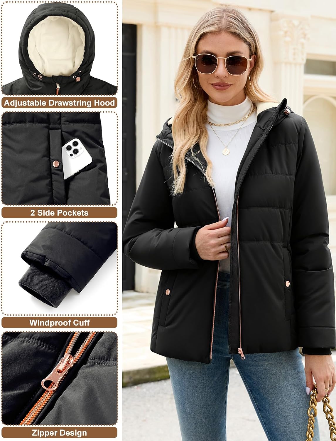 Yusongirl Women's Winter Quilted Puffer Jacket Water Repellent Fleece Lined