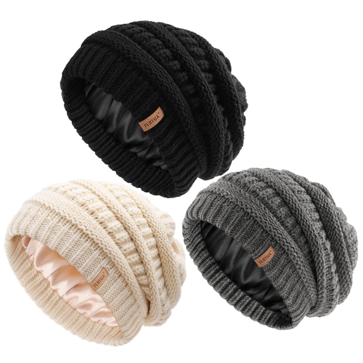 FURTALK Womens Slouchy Winter Beanie Knit Hat Satin Lined 3 Pack Skull Cap