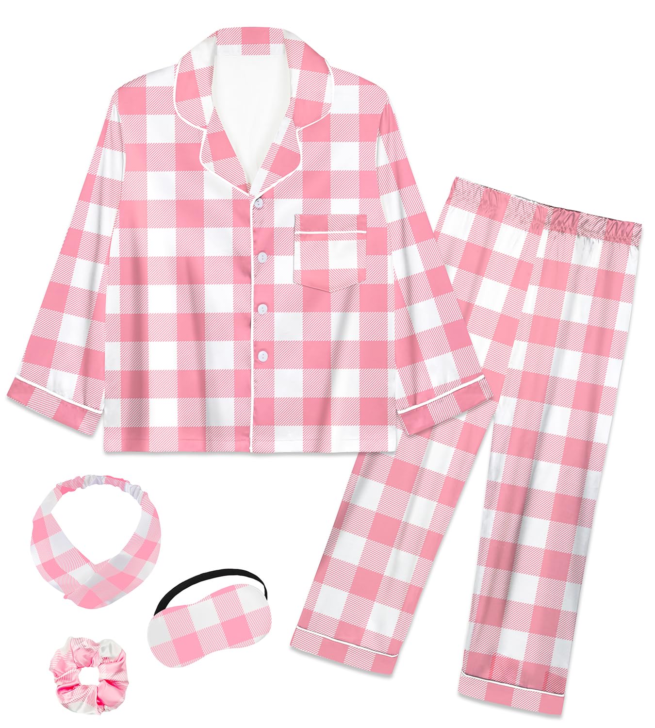 EPLAZA Kids Satin Pajamas Sets Girls Boys Button-Down Silky Pajamas Sleepwear with Hairband Eye Mask Hair Tie