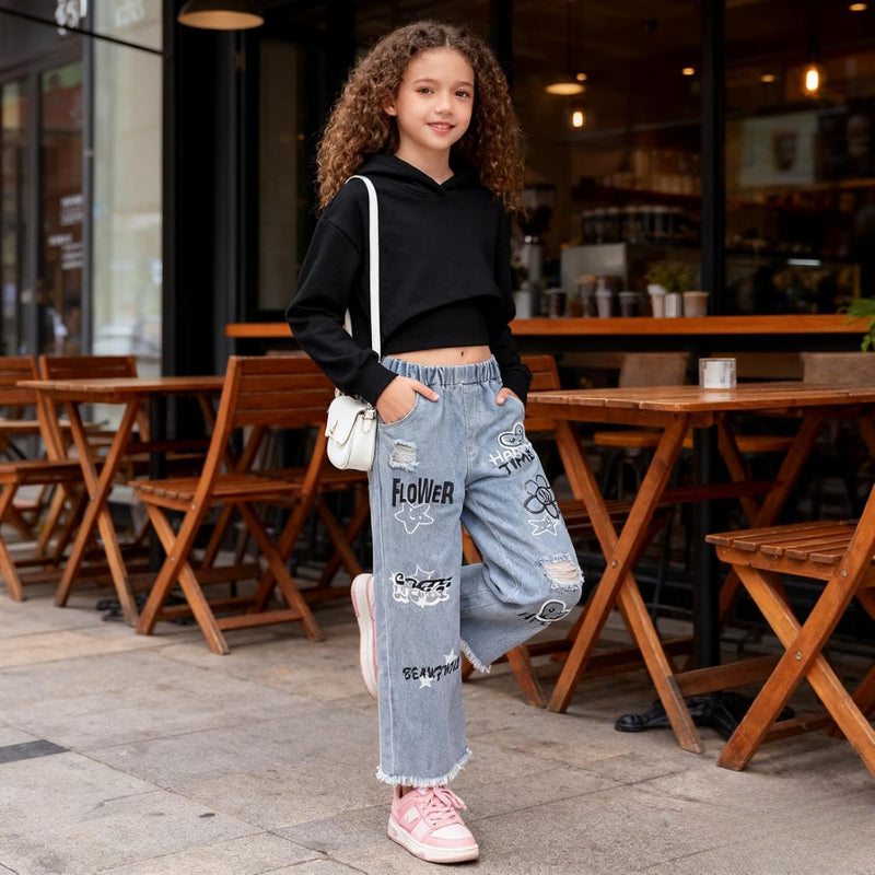 Voxikidio Size 5-10 Years Girls 3PCS Fashion Outfits Set - Cropped Hoodie + Cami Top + Printed Jeans 3-Piece Set