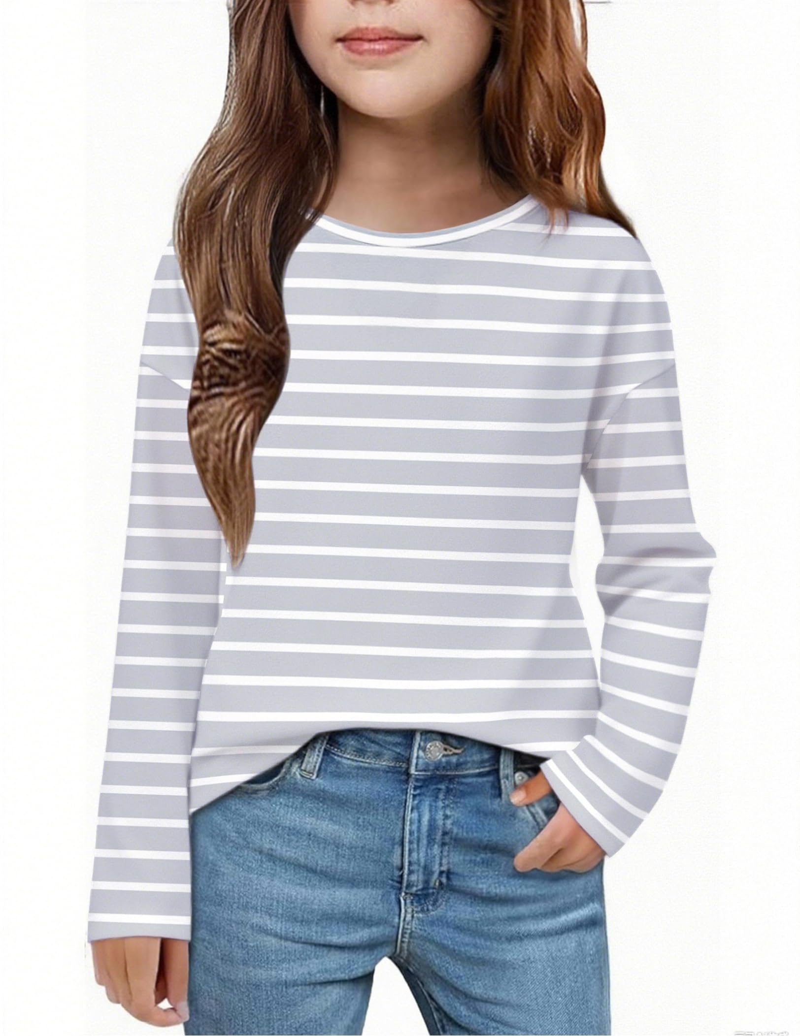 Arshiner Girls Striped Long Sleeve Shirts Drop Shoulder Casual Fashionable Crewneck Blouse Tee Tops