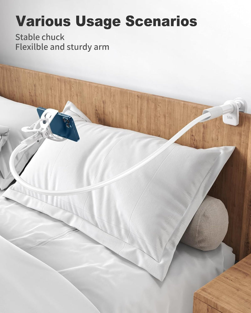 SAIJI Gooseneck Cell Phone Holder, Clamp Universal Lazy Mount Clip Hands Free Flexible Long Arm Bracket Grip for 4-7 Phones Mobile Stand Baby Monitor for Desk, Bed, Office, Kitchen (White)