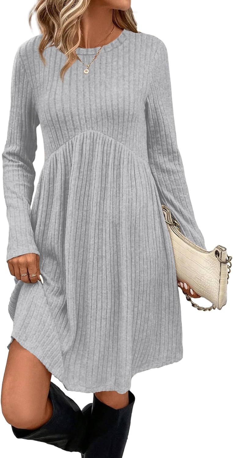 OFEEFAN Long Sleeve Dress for Women Crew Neck Empire Waist Tunic Dress with Pockets-85