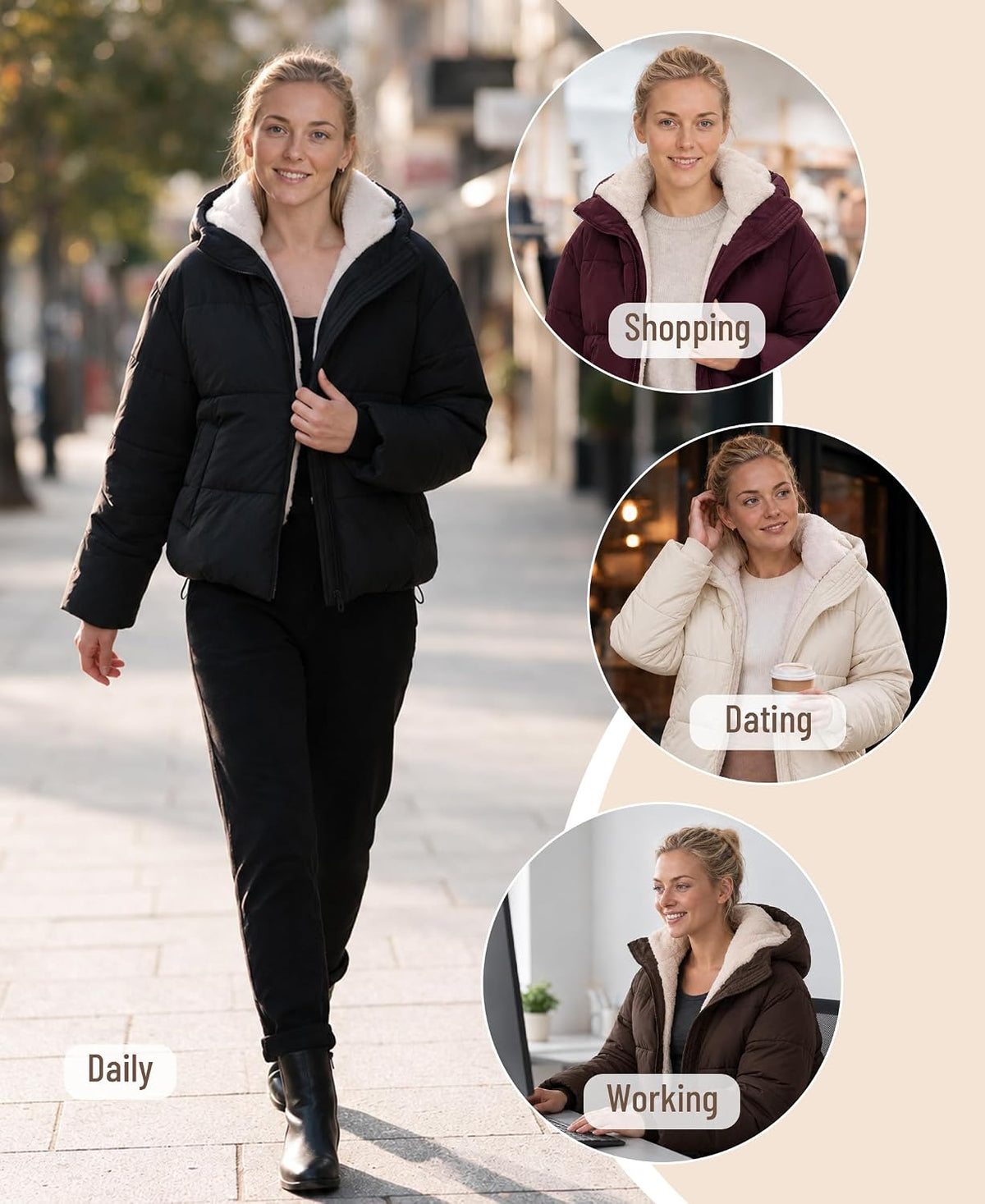 Women's Cropped Puffer Jacket with Faux Fur Lining Quilted Coat Winter