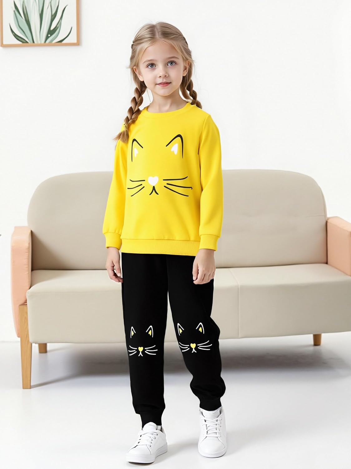 4-8T Toddler Girl Clothes Cat face print Short Sleeve Top+Pants Outfits Girl Spring and summer 2-Piece Set