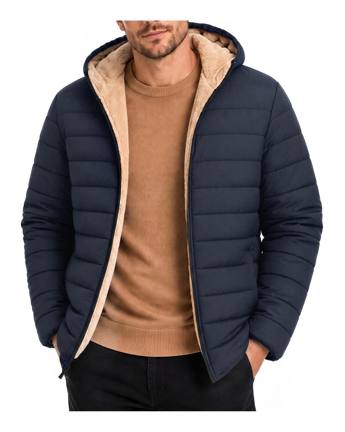 Yufawow Men Puffer Jacket Insulated Warm Coat Sherpa Fleece Lined Lightweight for Cold Weather Outdoor Work Winter Casual Clothes