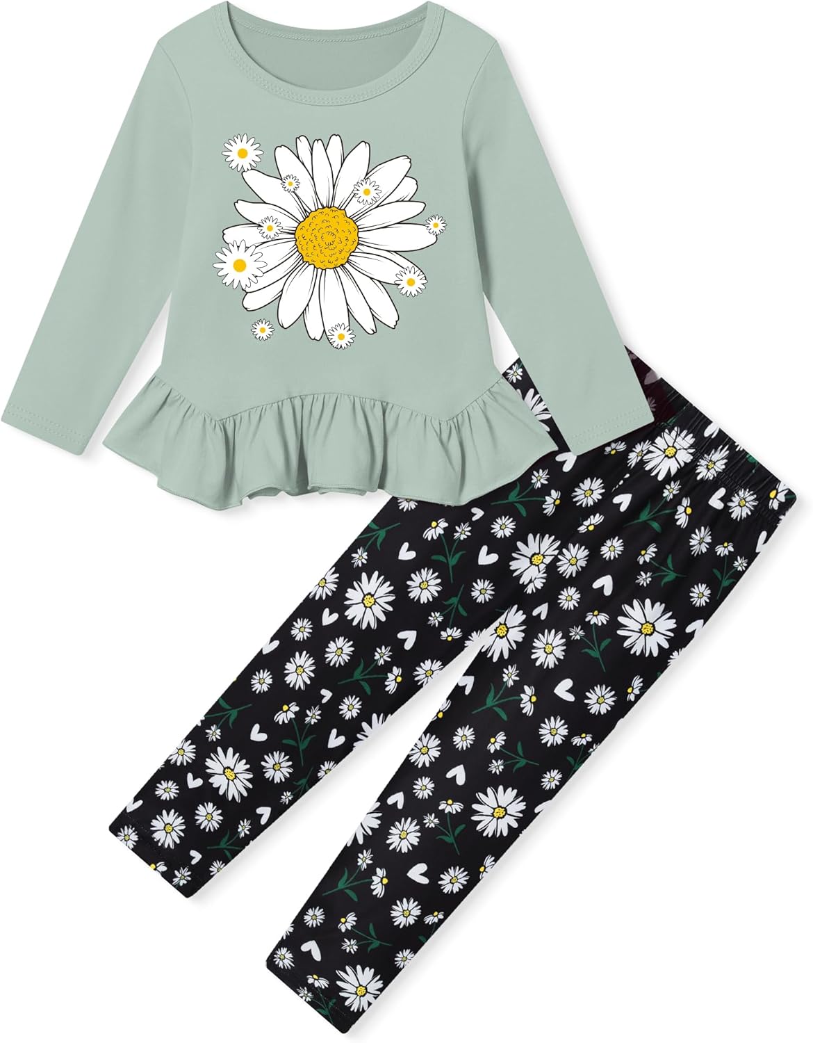 CARETOO Toddler Girl Clothes Girl 2pcs Fall Winter Outfit Ruffle Hem Top and Full-print Patterned Pants 2-7 Years