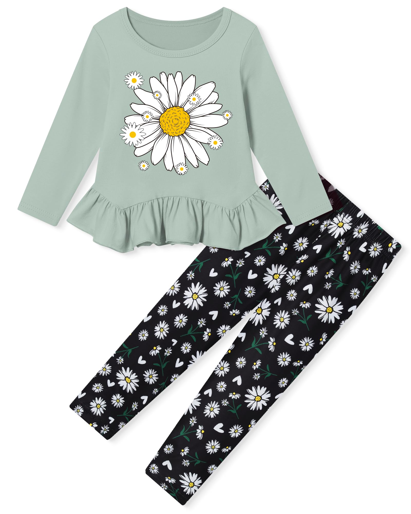 CARETOO Toddler Girl Clothes Girl 2pcs Fall Winter Outfit Ruffle Hem Top and Full-print Patterned Pants 2-7 Years