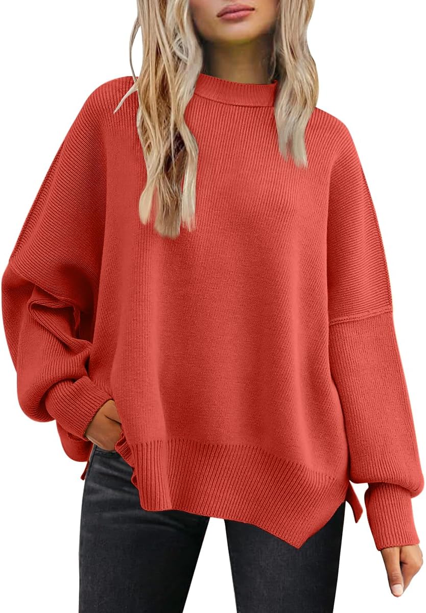 LILLUSORY Women's Oversized Batwing Sweaters 2025 Fall Outfits Trendy Crewneck Knit Side Slit Fashion Pullover Tops-93