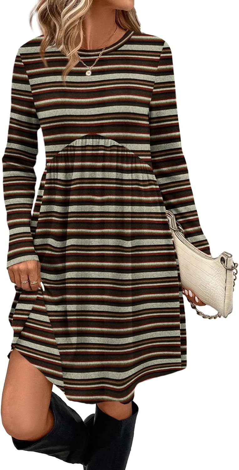 OFEEFAN Long Sleeve Dress for Women Crew Neck Empire Waist Tunic Dress with Pockets-15