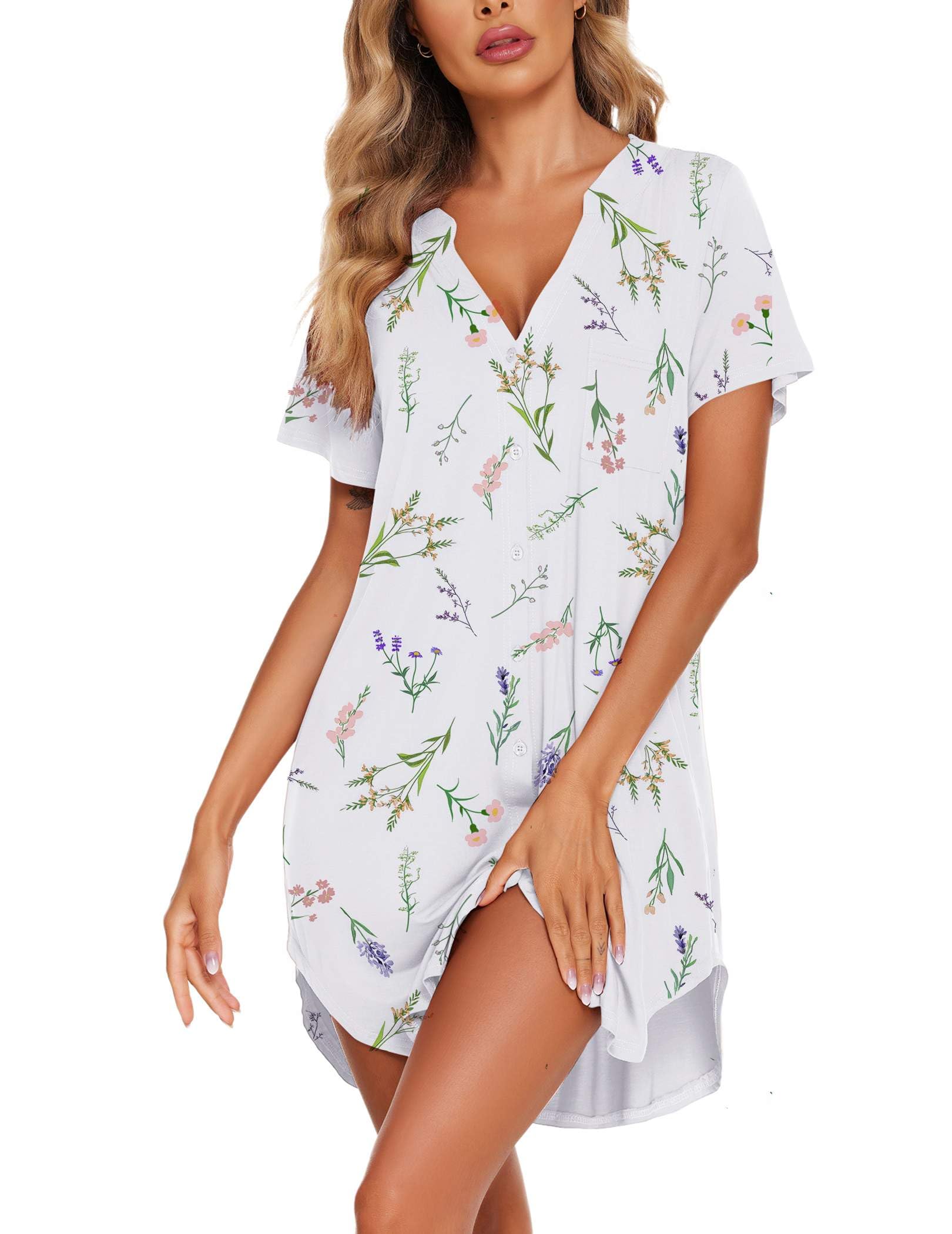 Ekouaer Women V Neck Button Down Nightgown-28
