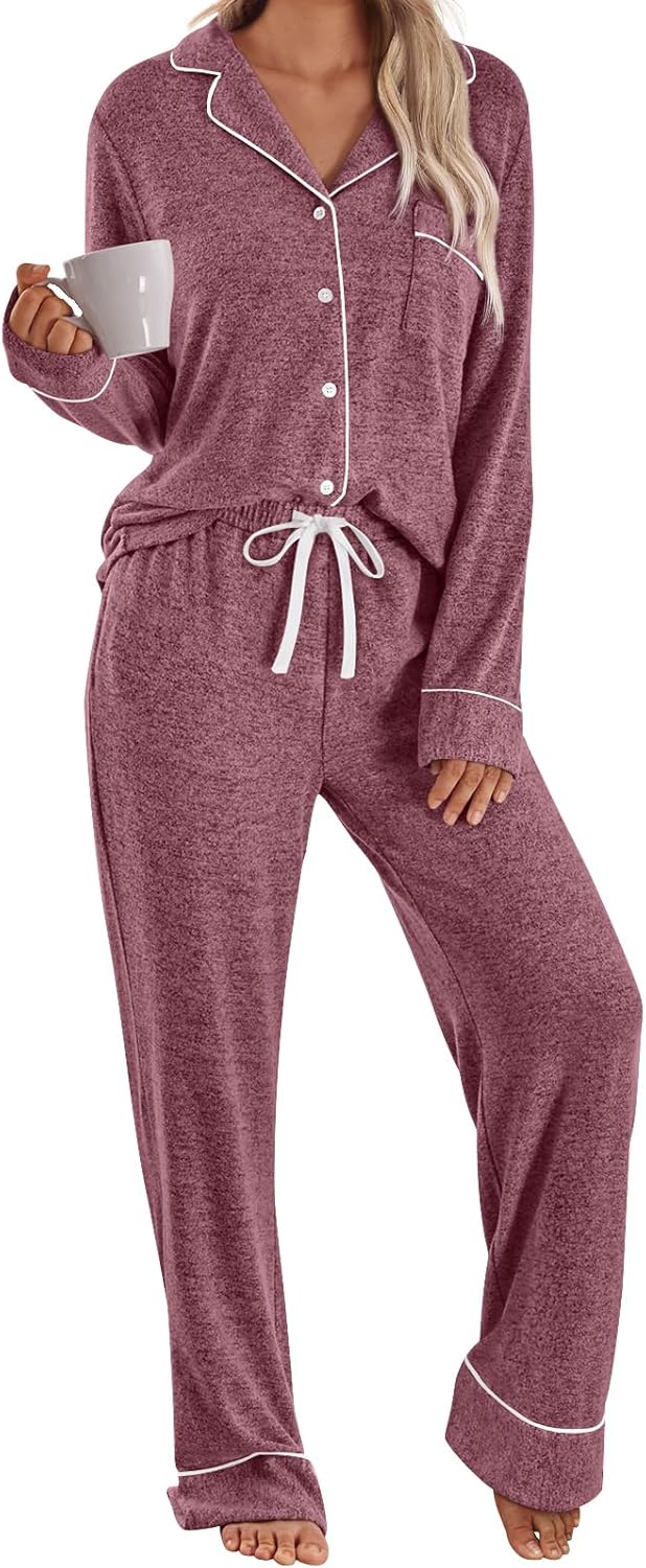 LILLUSORY Women's Long Sleeve Pajama Set - Soft Button-Down Top & Comfortable Drawstring Pants with Pockets-38