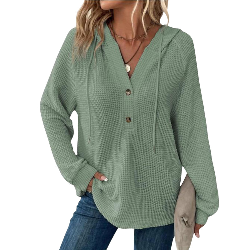Hoodies for Women Comfortable Waffle Knit Long Sleeve Drawstring Button V Neck Casual Pullover Sweatshirt Hooded Tops-26