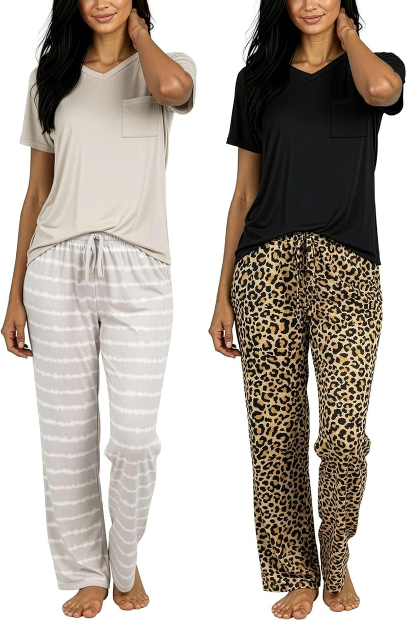 Real Essentials 2 Pack: Women's Comfy Pajama Sets - Short & Long Sleeve Ladies Loungewear Sleepwear PJs (Available In Plus)-87