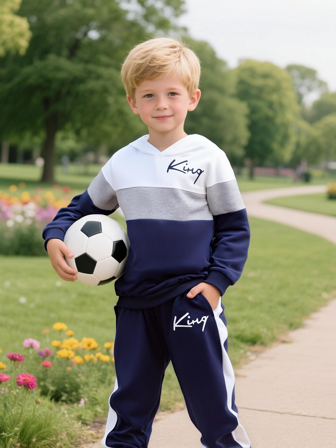 Voxikidio Kids Boys Clothes Color Blocking Hoodie Sweatshirts and Pant 2Pcs Fall Outfits Set Size 5-10