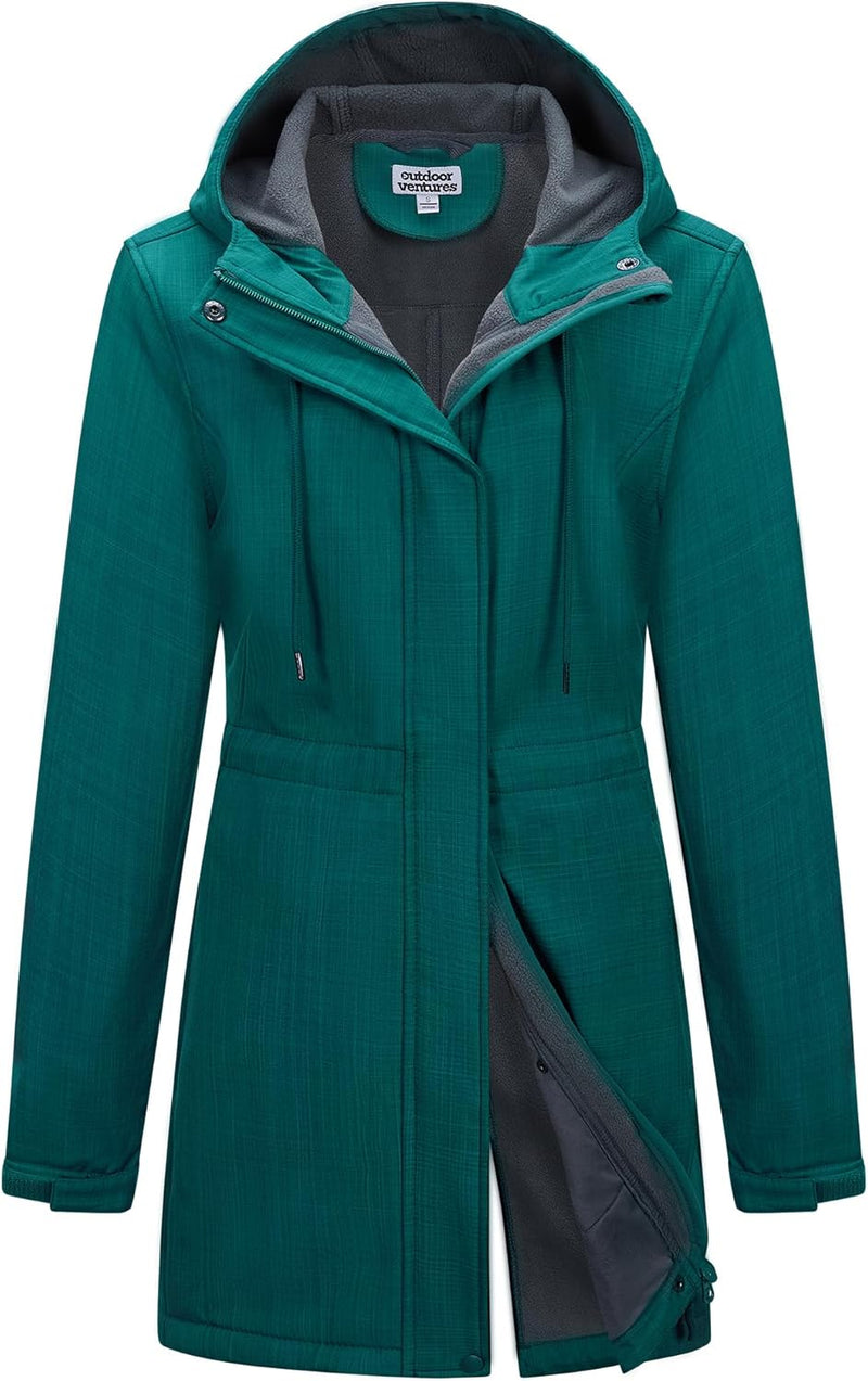 Outdoor Ventures Women's Lightweight Waterproof Fleece Lined Hooded Softshell Rain Jacket, Warm Windbreaker Long Coat-78
