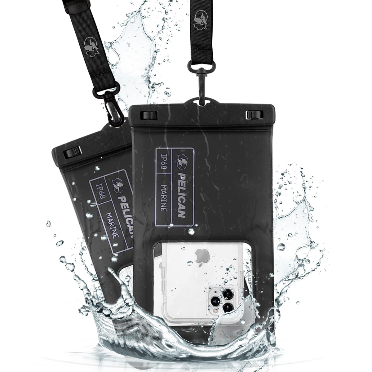 Pelican 2 Pack Marine Waterproof Phone Pouch (Regular) -Black/Hi-Vis Yellow | Touchscreen IP68 Floating Waterproof Phone Case w/Detachable Lanyard - Fits All Phones - Beach Cruise Ship Travel Essentials