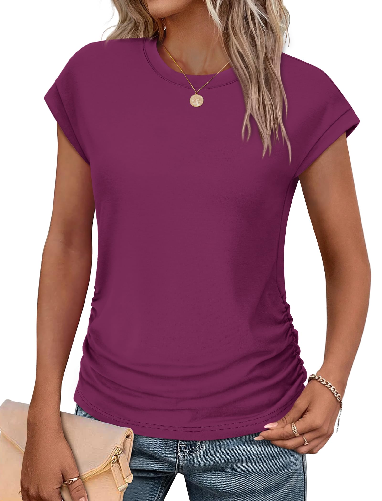 SAMPEEL Womens Summer Tops Trendy 2025 Ruched Cap Short Sleeve Tshirts Shirts Crew Neck T Shirts Fashion-5