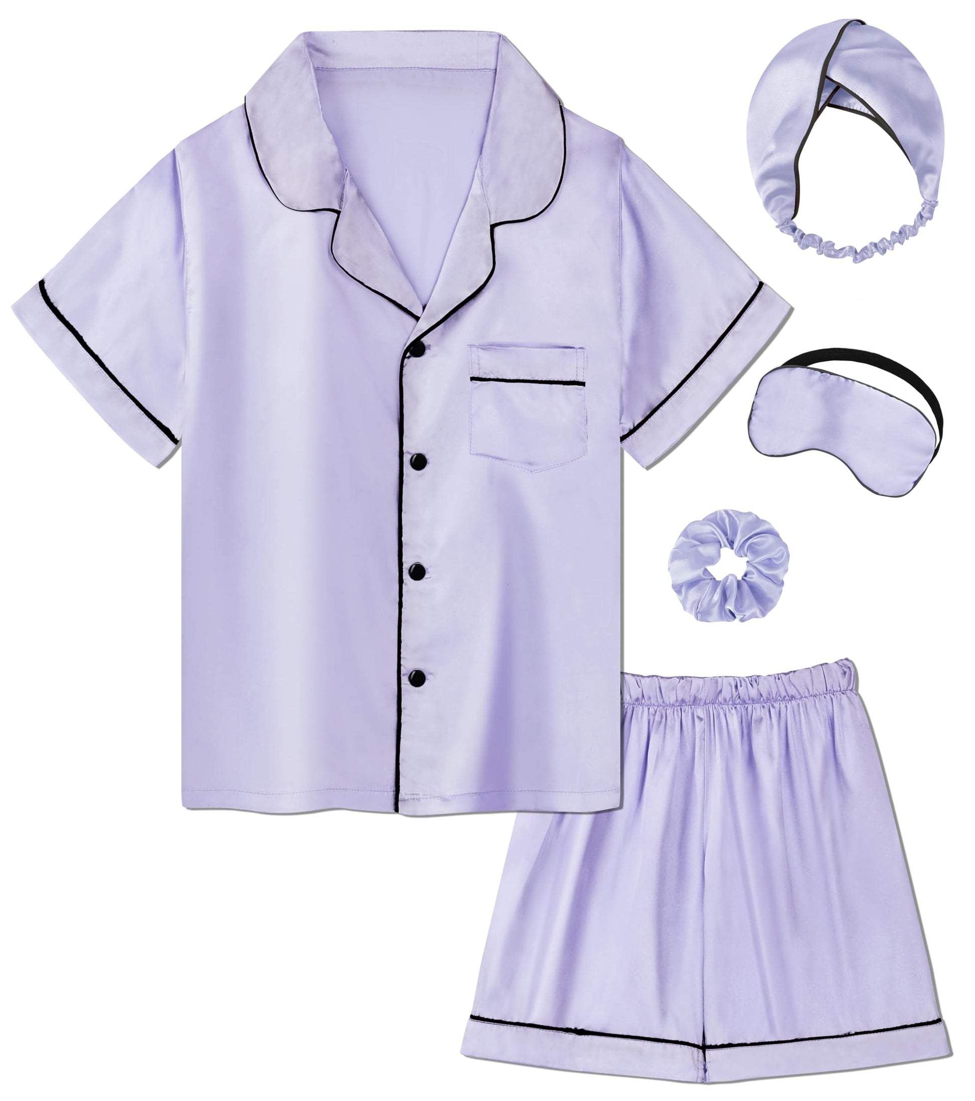 EPLAZA Kids Satin Pajamas Sets Girls Boys Button-Down Silky Pajamas Sleepwear with Hairband Eye Mask Hair Tie